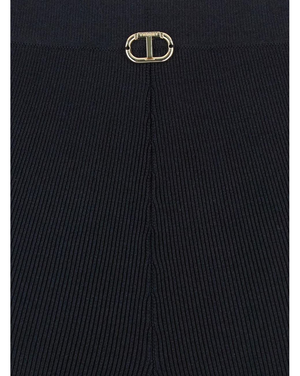Twinset Blue Flared Pants With Logo Plaque On The Rear