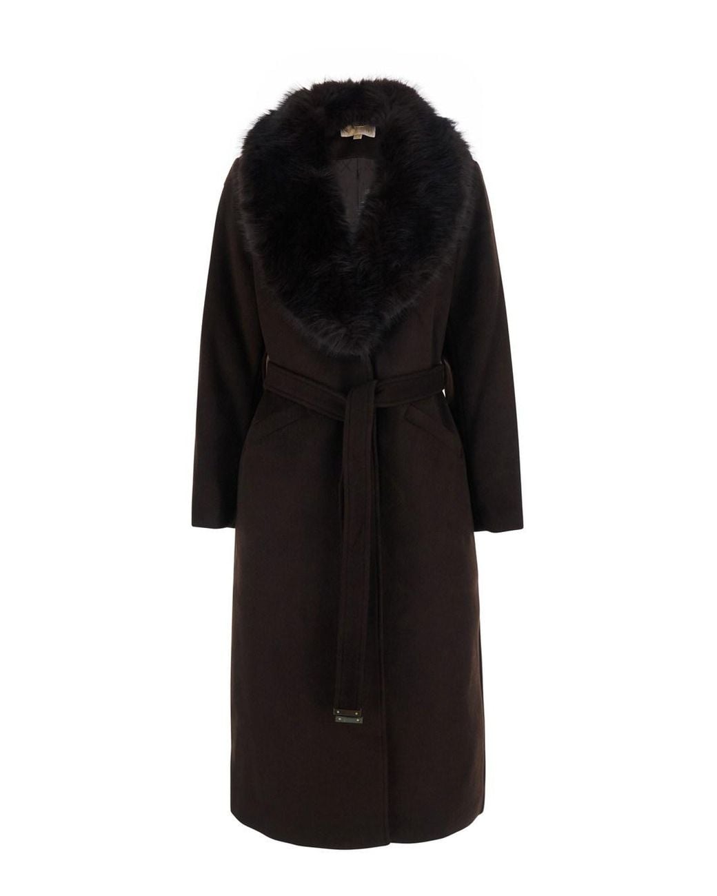MICHAEL Michael Kors Black Belted Robe Coat With Notched Collar And Pockets