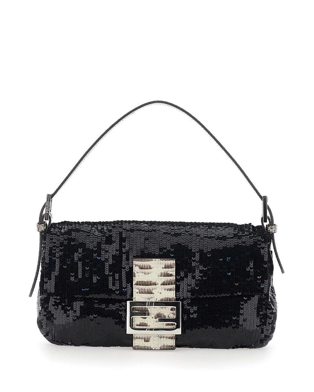 Fendi Black Shoulder Bag With All-Over Sequins And Ff Plate On The Fro