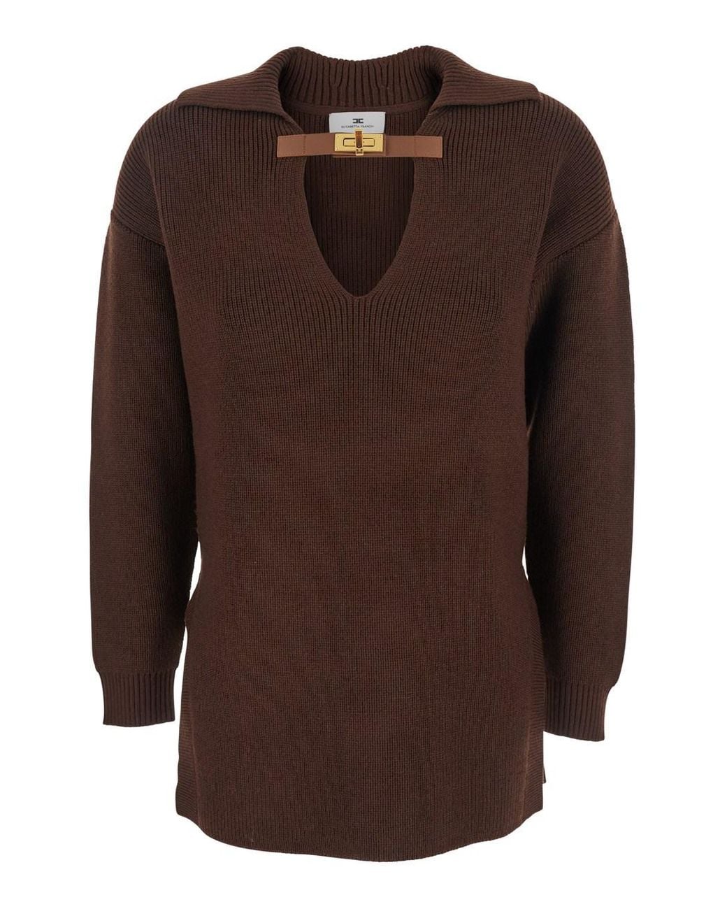 Elisabetta Franchi Brown Sweater With Polo Collar And Buckle Detail