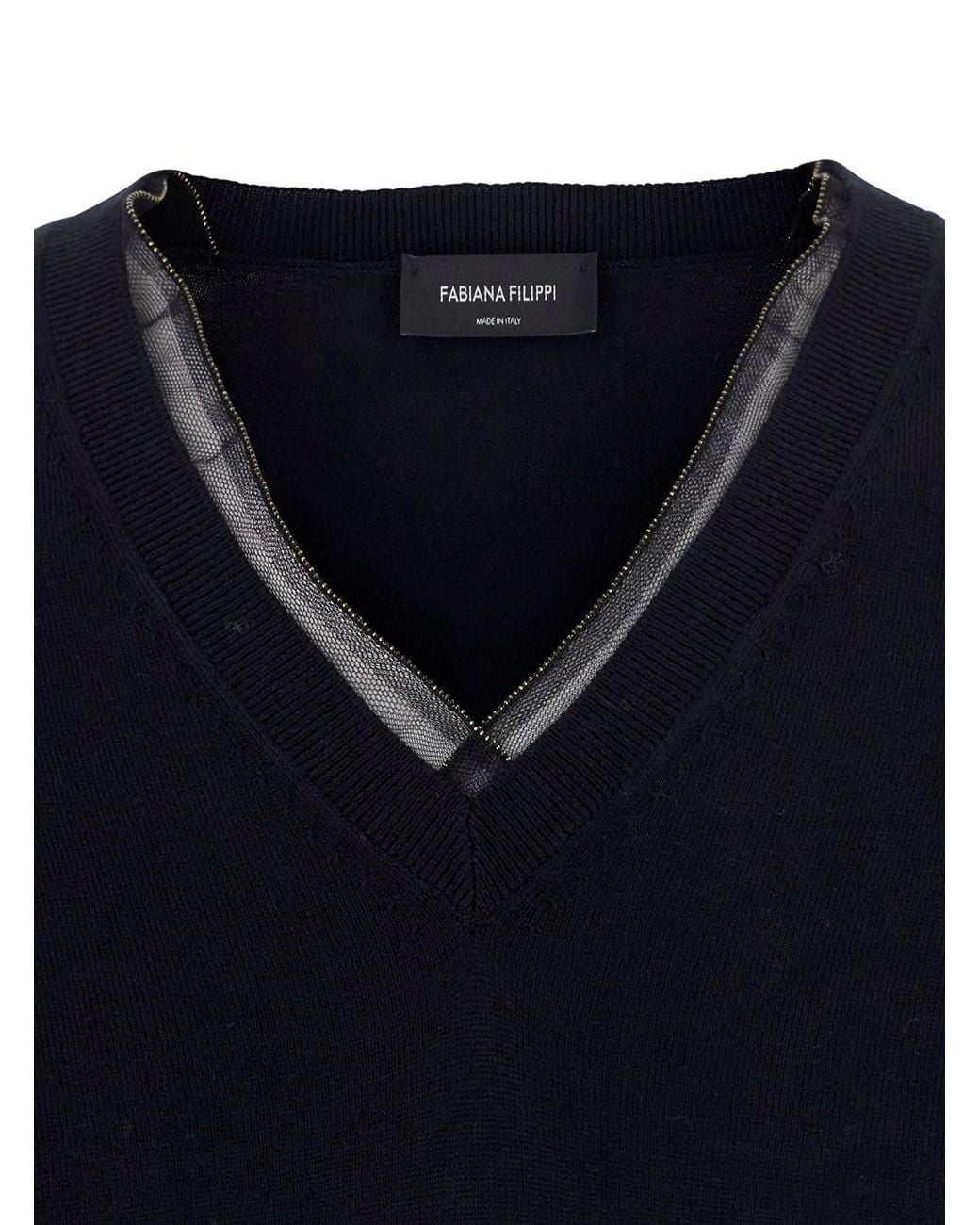 Fabiana Filippi Blue V-Neck Wool-Cotton Sweater With Ribbed Edges For