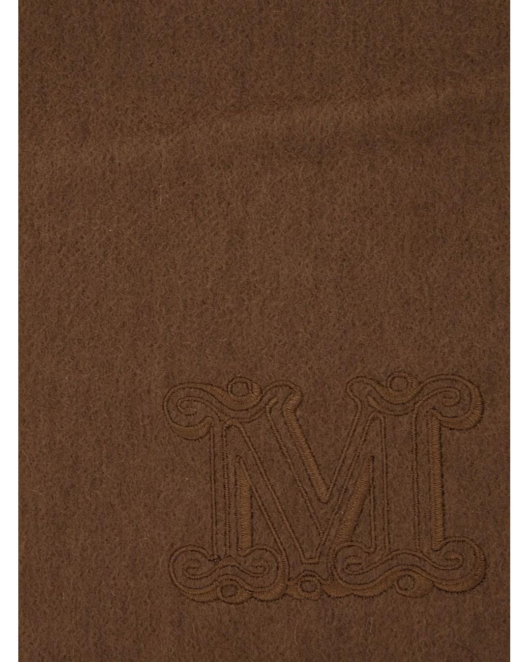Max Mara Brown 'Dalia' Rectangular Scarf With Logo Embroidery On The Front And Fringed Hem