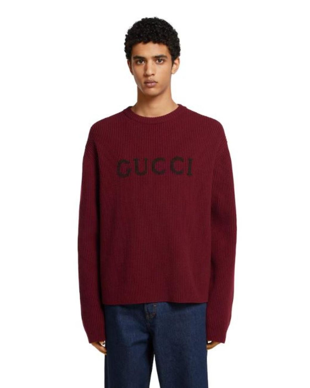 Gucci Red Bordeaux Crewneck Sweater With Logo Lettering Embroidery On The Front for men