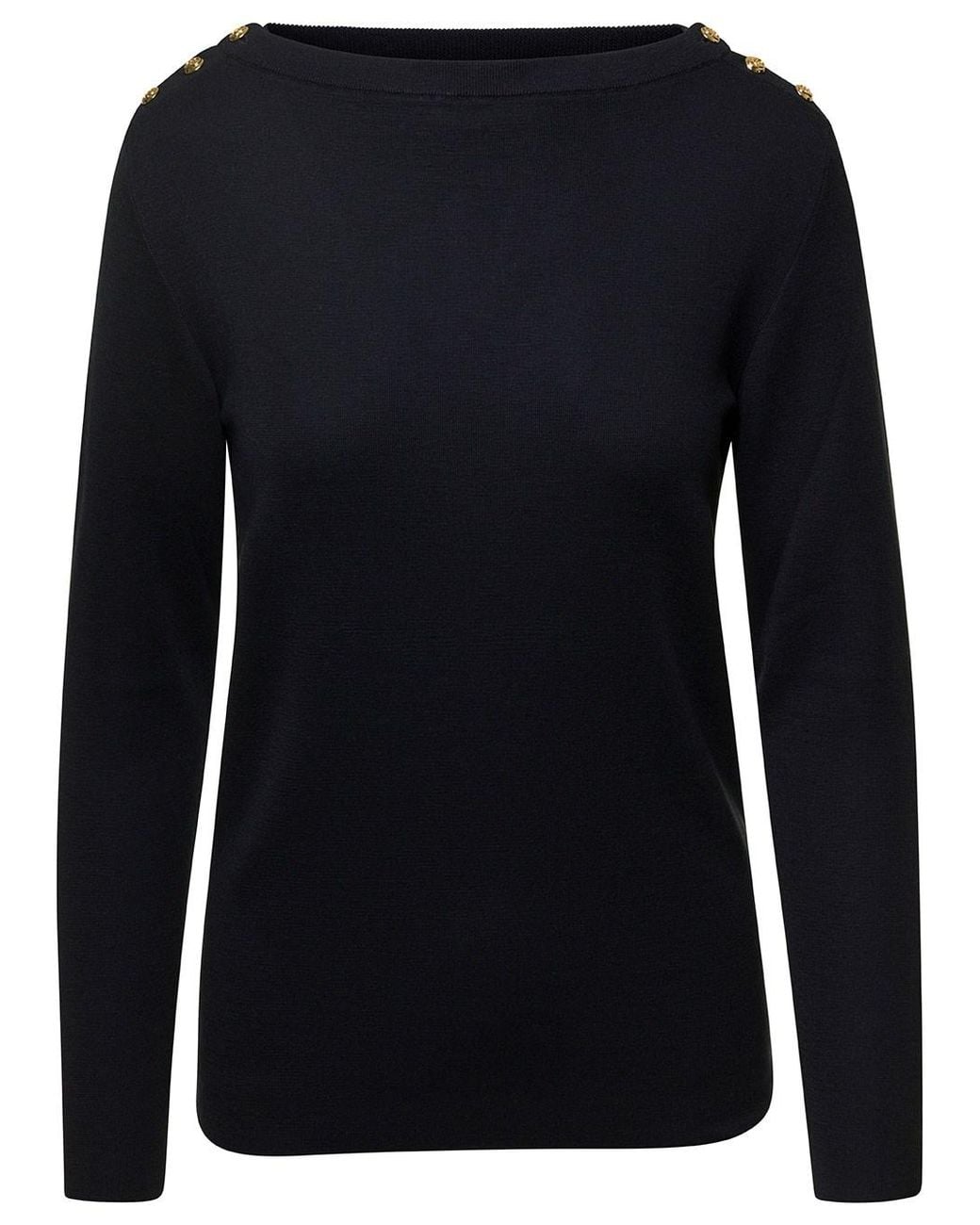 Gucci Blue Sweater With Boat Neckline And Golden Logo Buttons