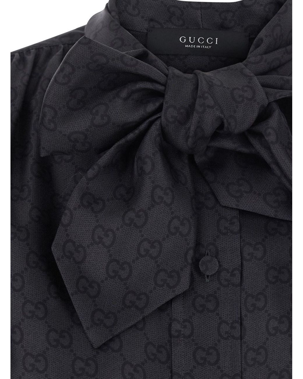 Gucci Black Silk Shirt With Knot Bow And Gg Print Blouses