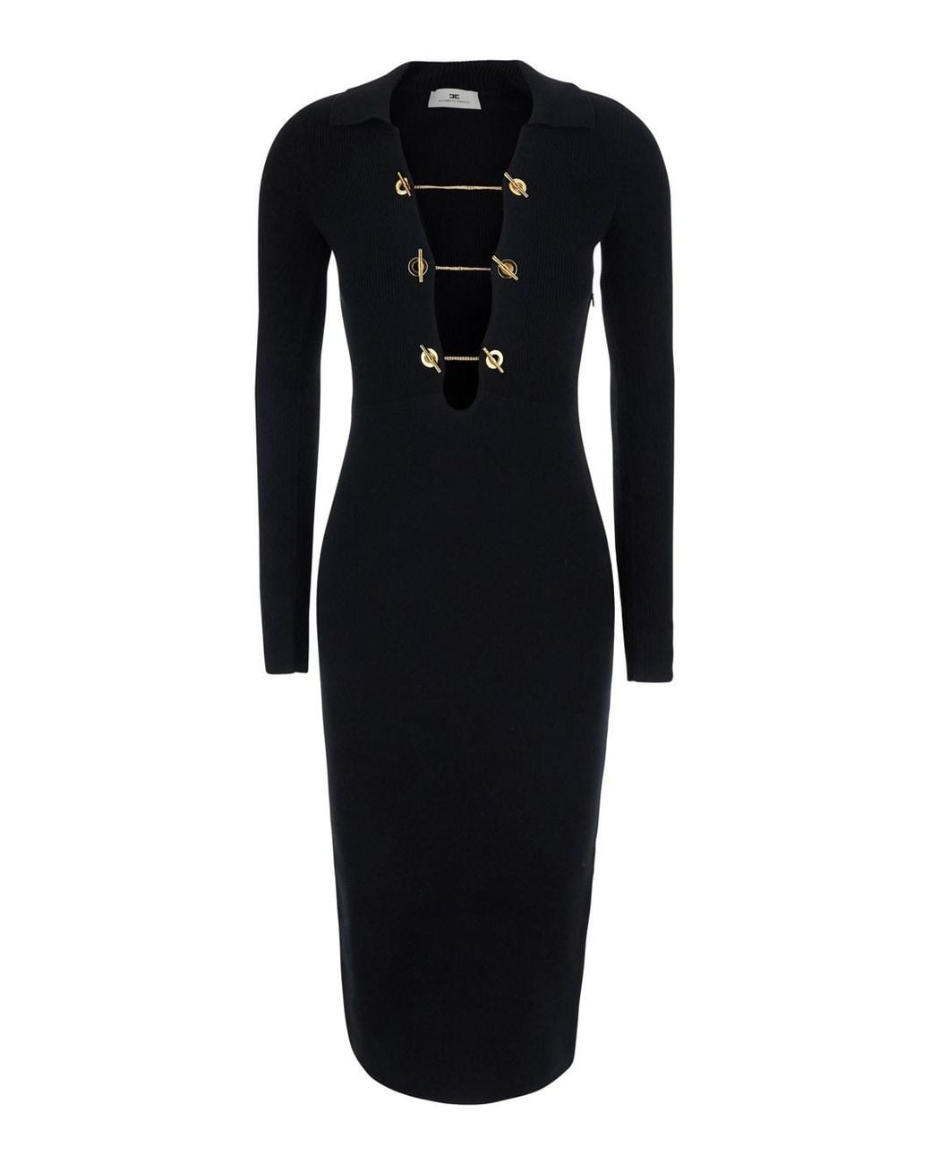 Elisabetta Franchi Black Knit Dress V-Neck Long Sleeve Viscose