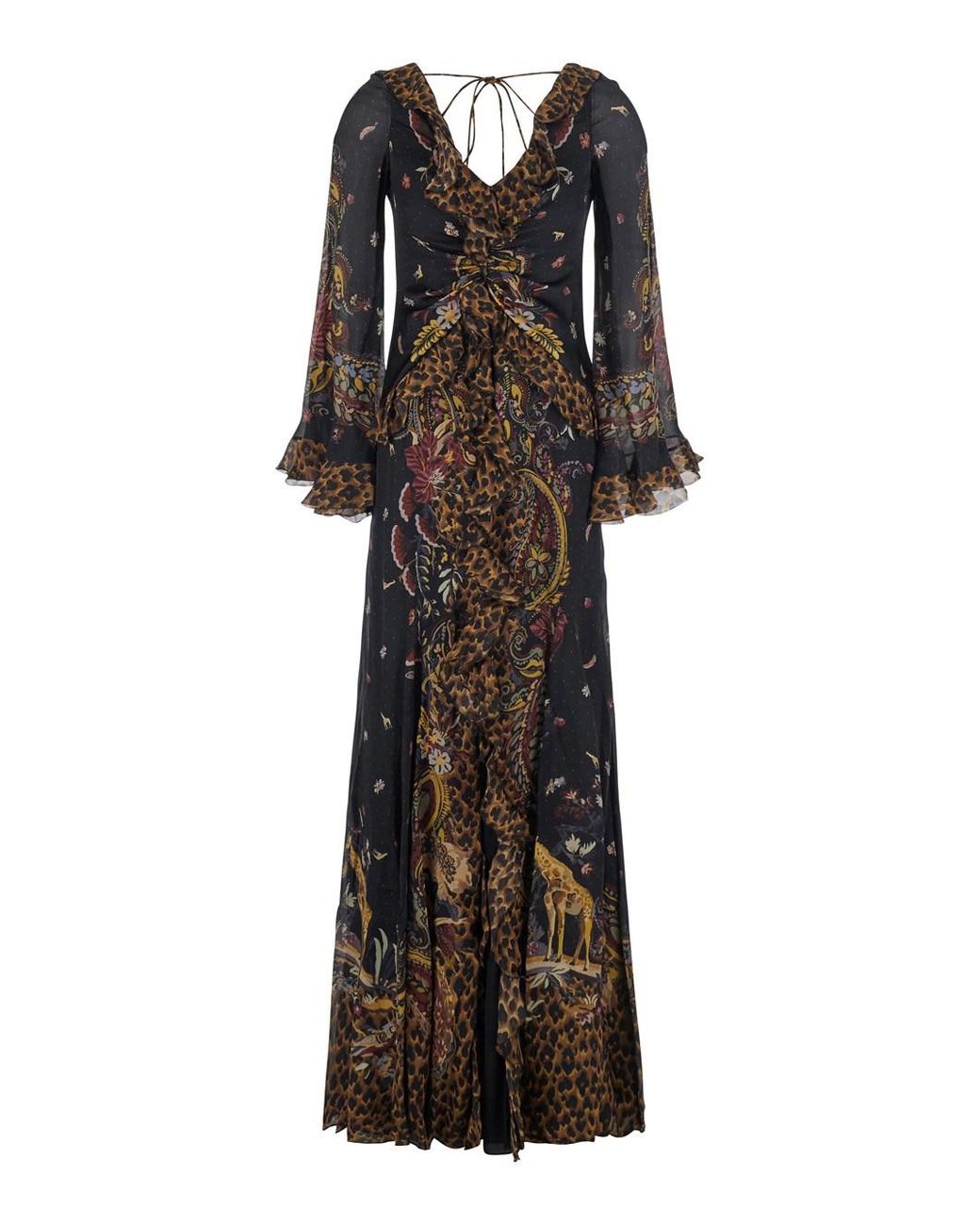 Etro Multicolor Long Dress With V-Neck And Ruffled Sleeves