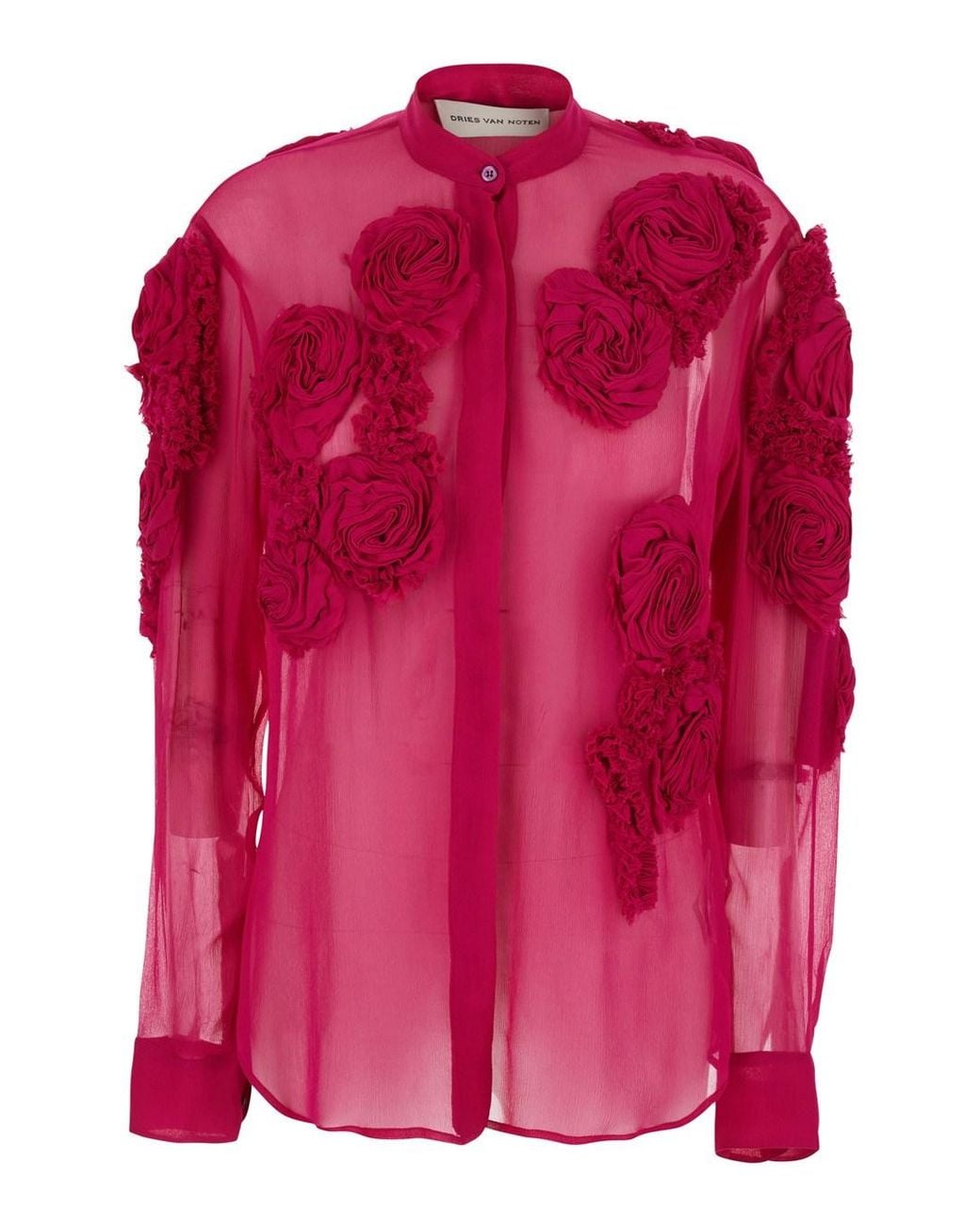 Dries Van Noten Pink Fuchsia Shirt With Mandarin Collar And 3D Floral Embroidery All-Over