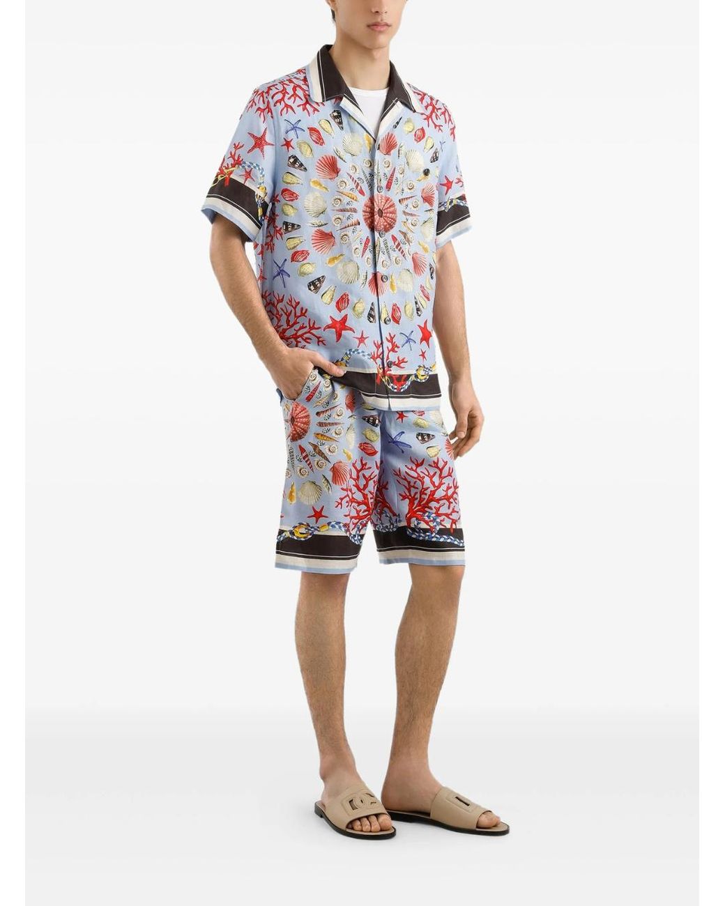 Dolce & Gabbana Blue Shorts With Elastic Drawstring And All-Over Print for men