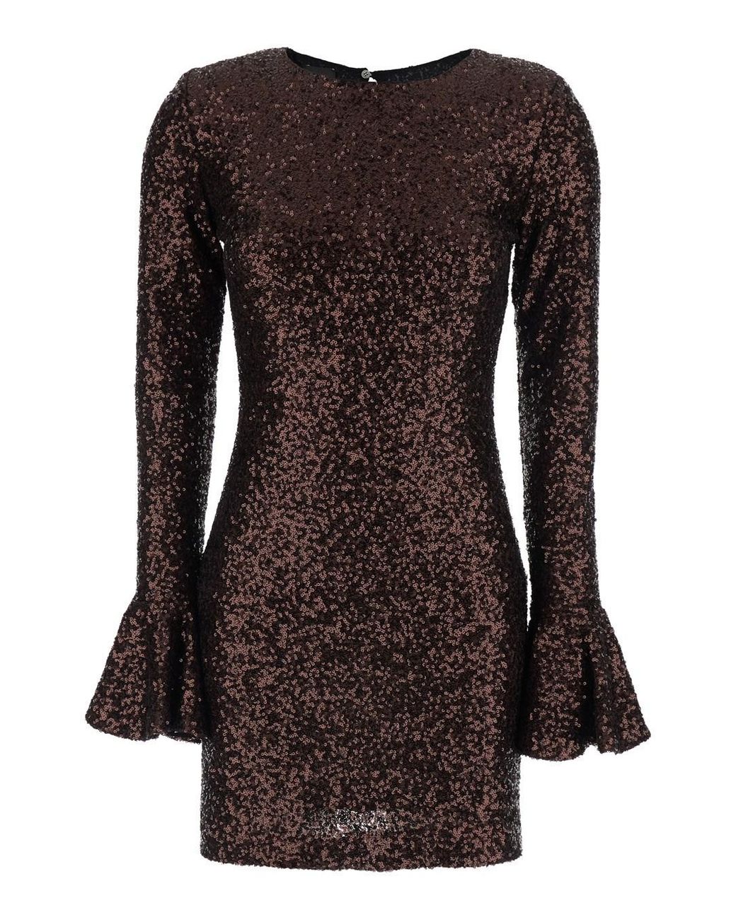 Le Plain Brown Dress With Round Neck And All-Over Applied Sequins