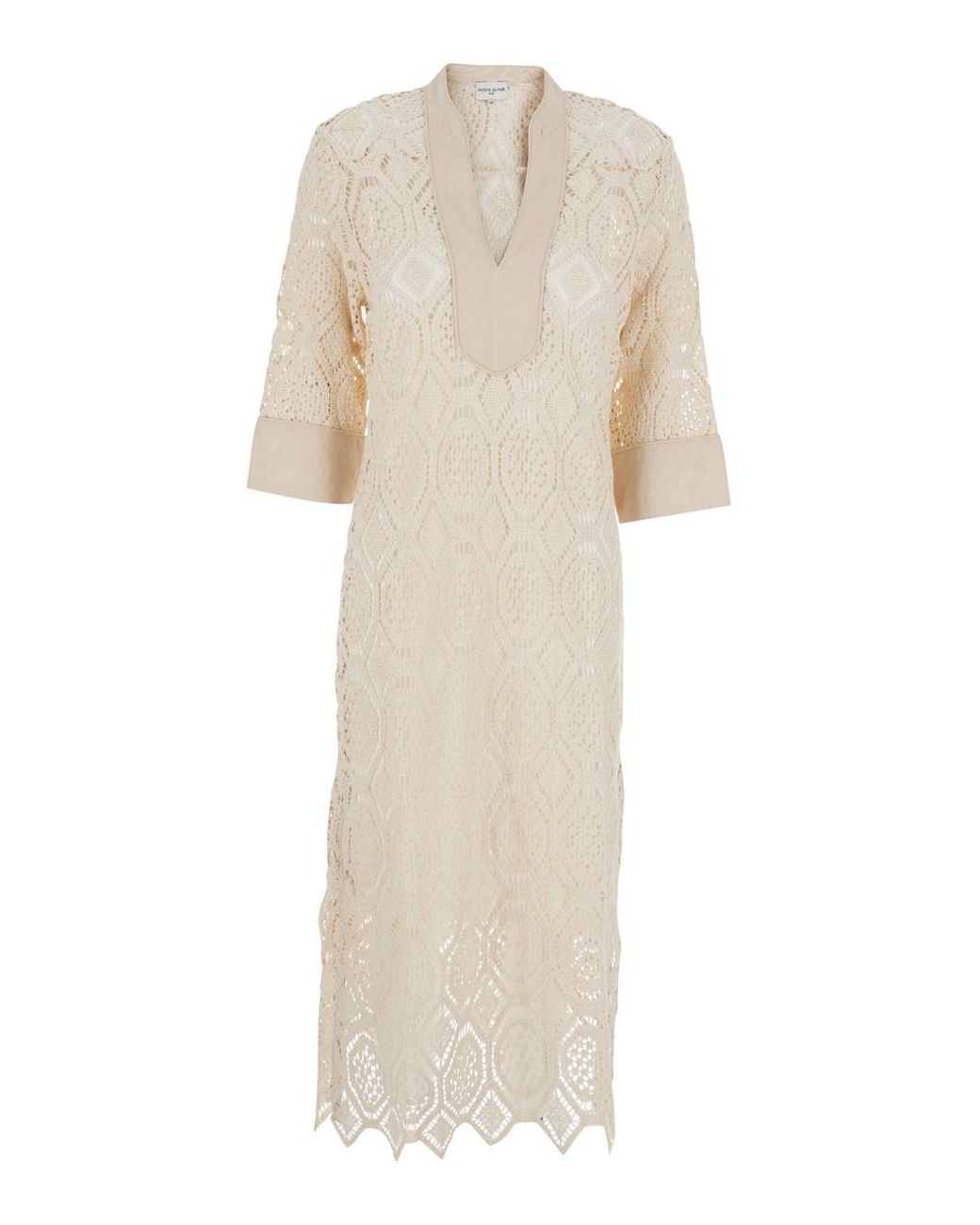 Miss June White 'Baley' Long Dress With Front Neckline And Crochet Wor