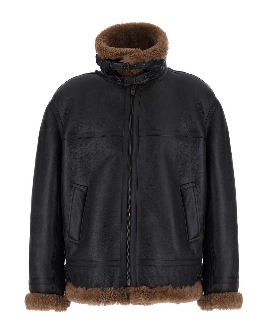 Saint Laurent Black Jacket Shearling-Lined Leather Coat for men