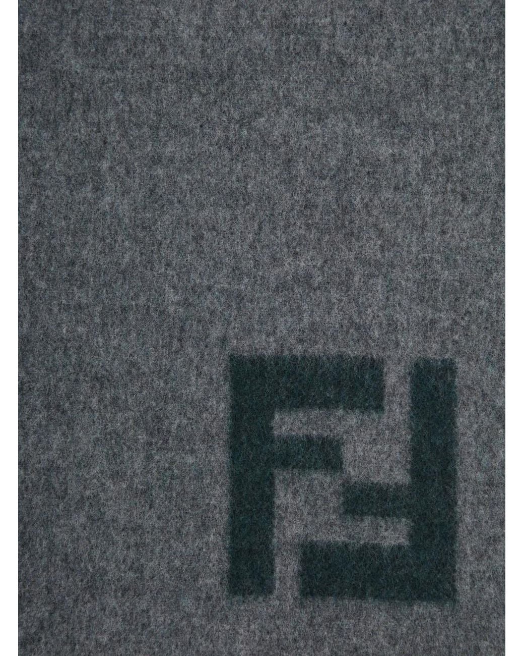 Fendi Gray 'Ff' Scarf With Fringed Edge And Ff Embroidery On The Front for men