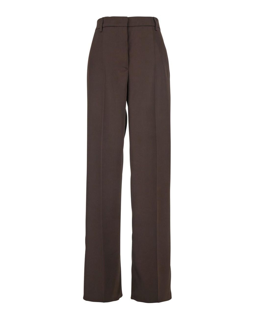 Le Plain Brown Satin Tailored Pants With Front Pleats For