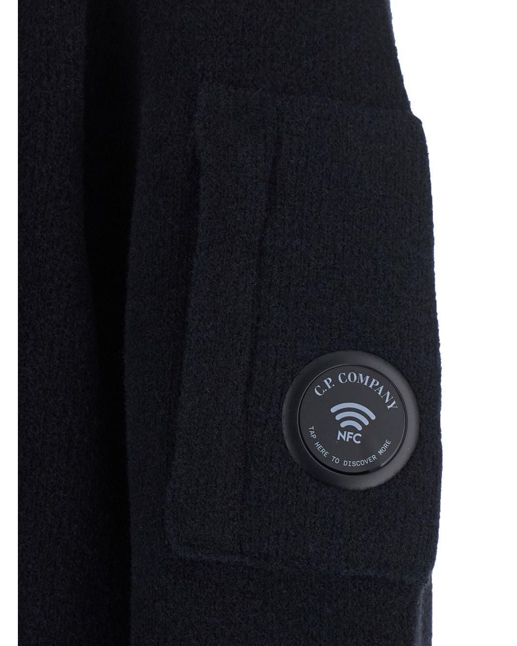 C P Company Blue Fleece Knit Polo Neck Sweater With Logo for men