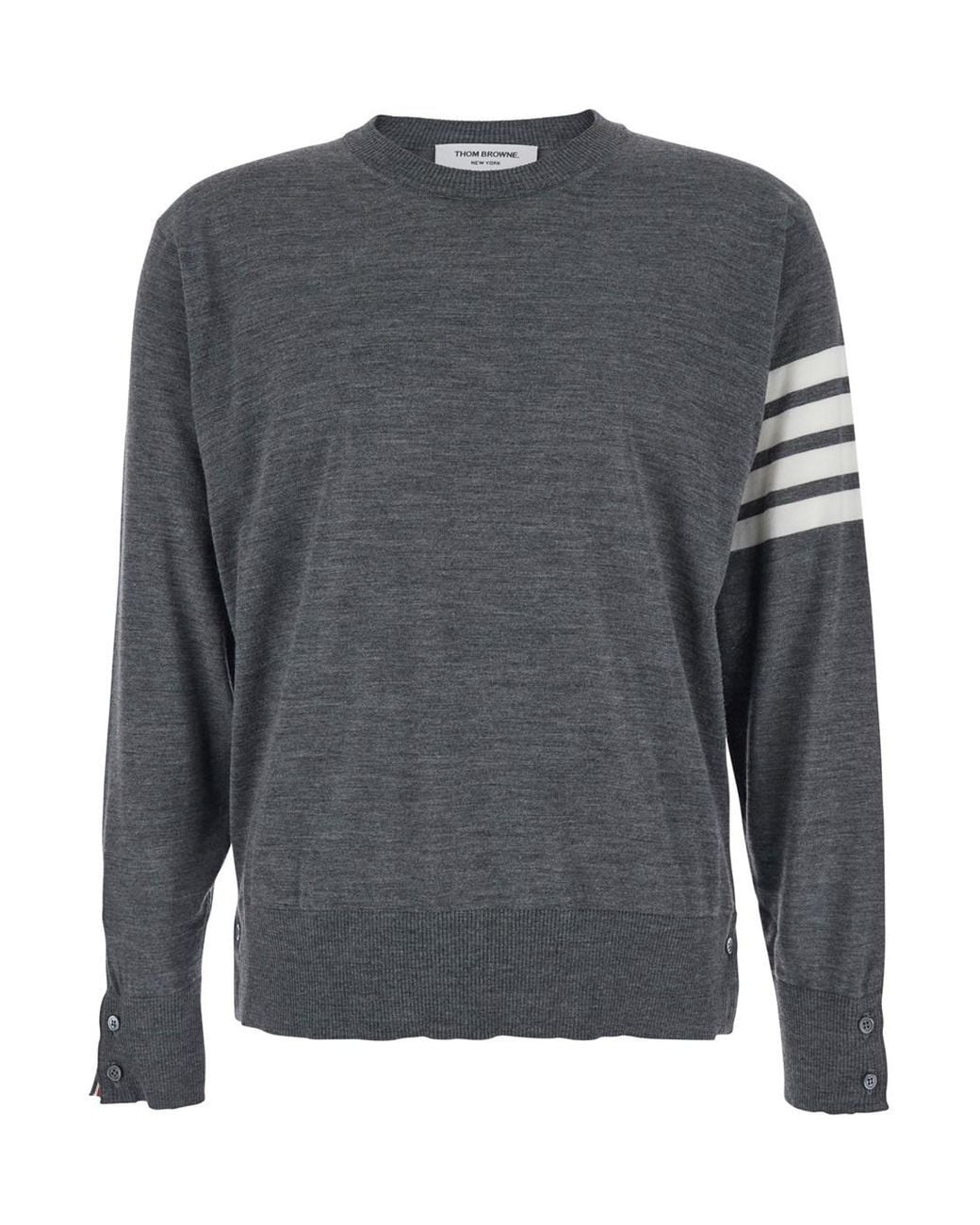 Thom Browne Gray Crew Neck Sweater With 4-Bar Detail for men