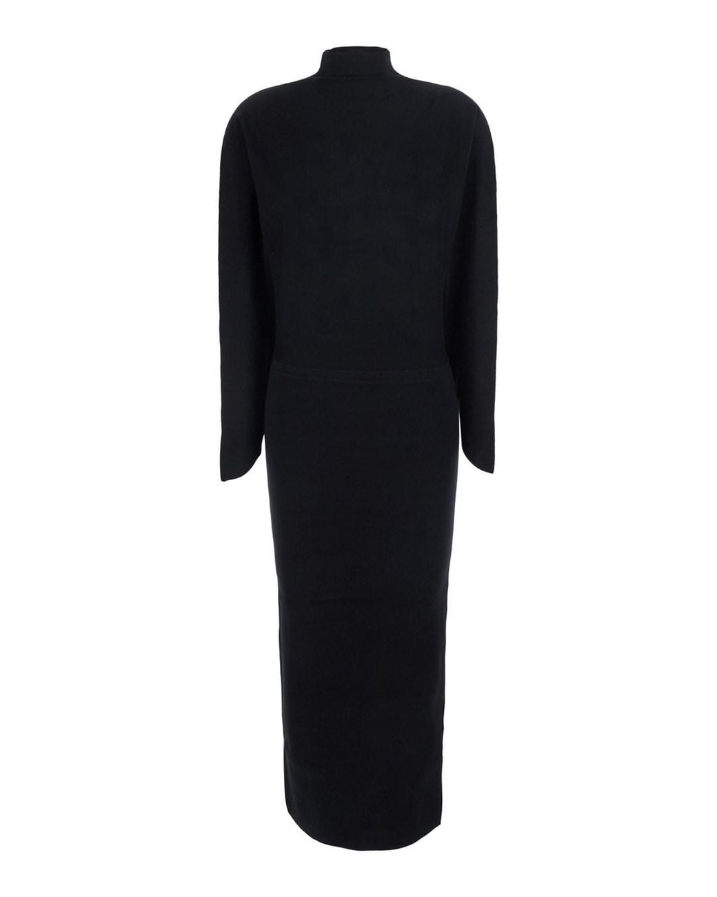 Semicouture Black Midi Knit Dress With V-Neck And Long Sleeves