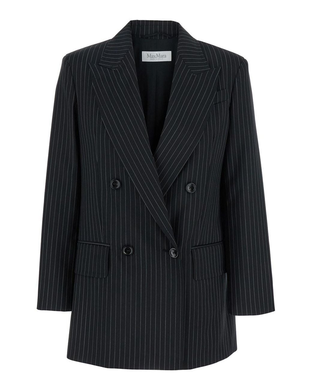 Max Mara Black 'Mattia' Double-Breasted Jacket With Peak Revers And All-Over Striped Motif