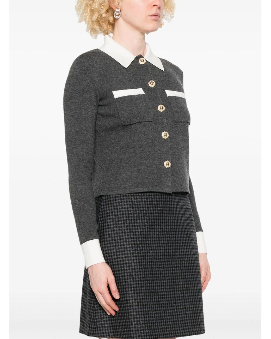 Self-Portrait Blue Cropped Cardigan With Contrasting Classic Collar And Two Front Patch Pockets