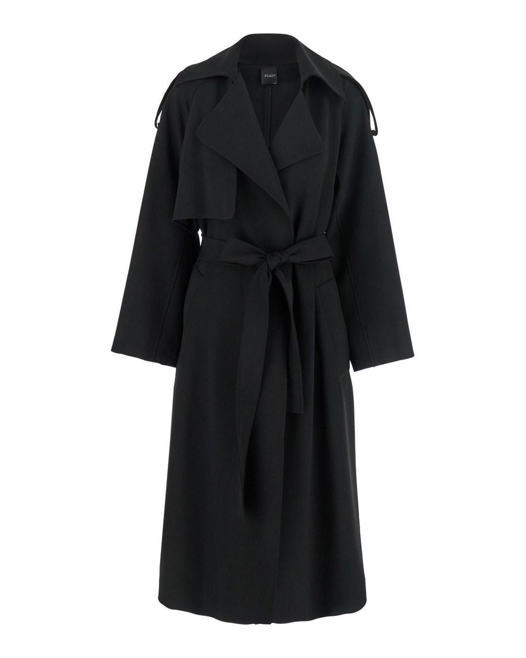 Le Plain Black Double-Breasted Trench Coat With Matching Belt