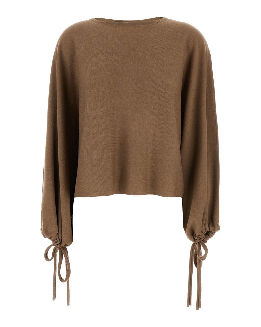Max Mara Brown Crewneck Sweater With Ties Virgin Wool Tops