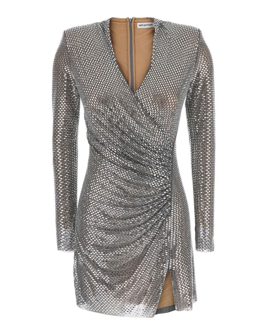 Self-Portrait Gray Mini Dress With Draping And Mesh Polyester