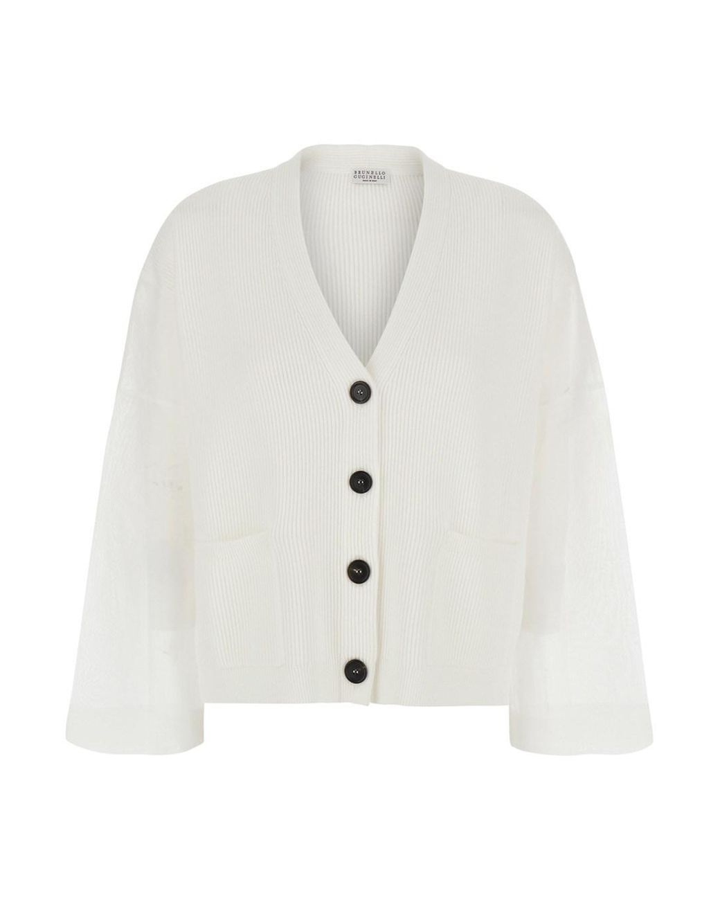 Brunello Cucinelli White Cardigan With V-Neck And Ribbed Knit