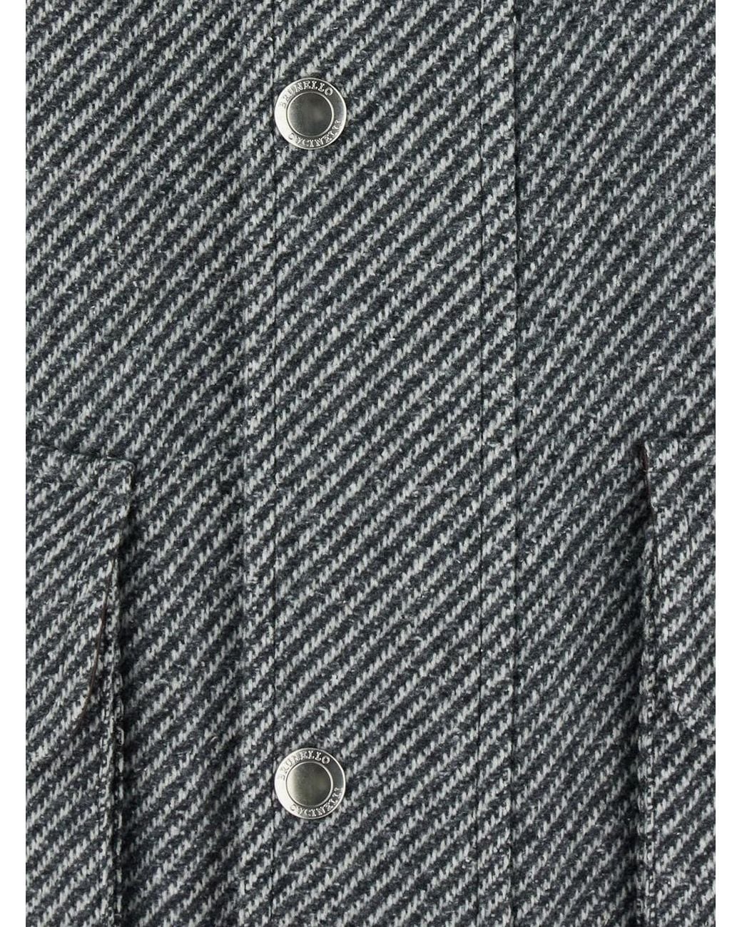 Brunello Cucinelli Gray Jacket With Leather Collar And Diagonal Motif for men