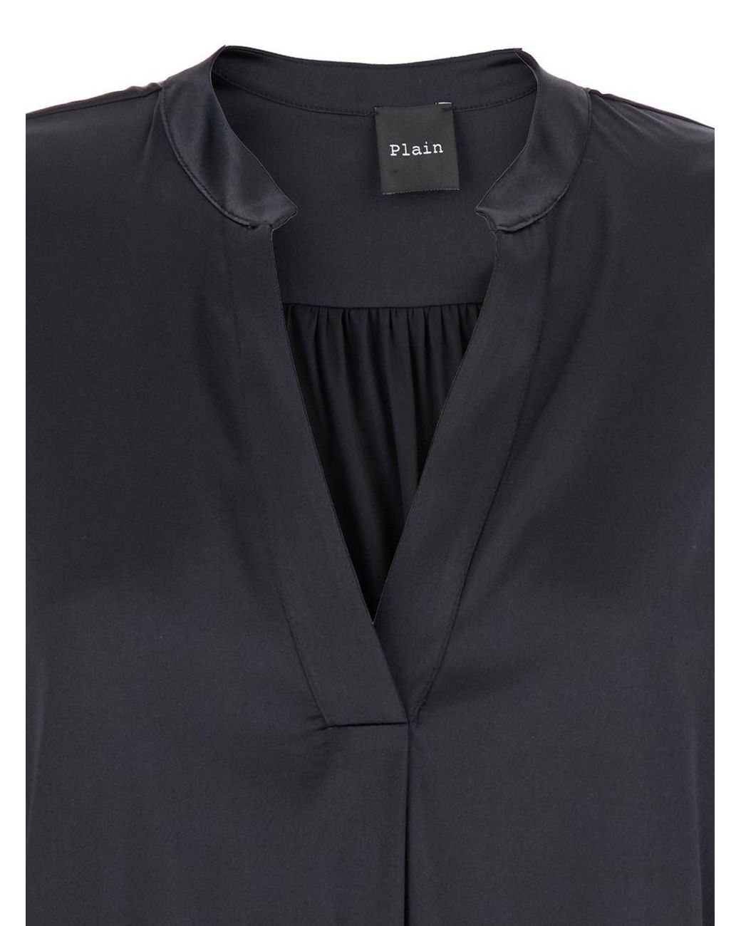 Le Plain Black Blouse With V Neck And Buttoned Cuffs