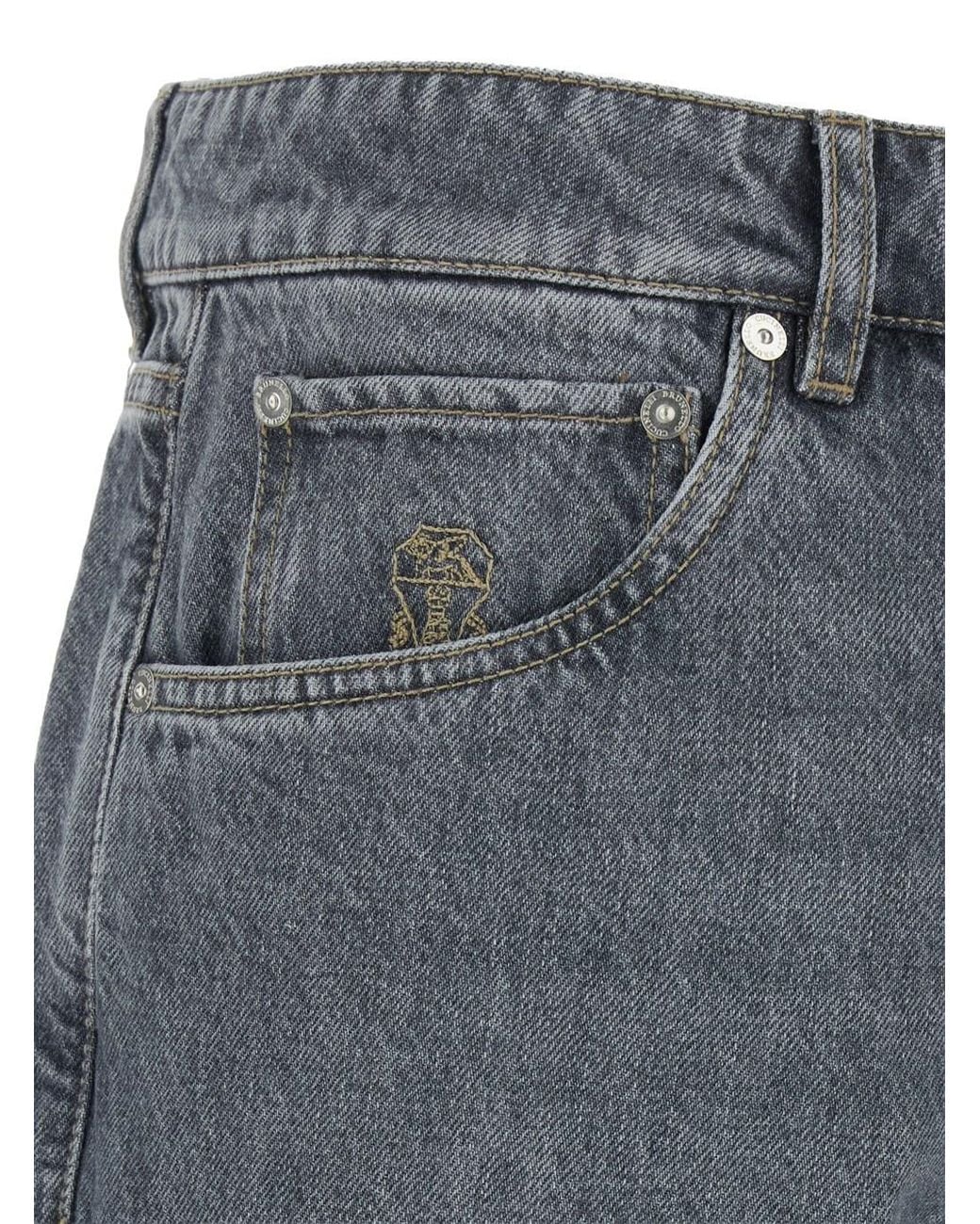 Brunello Cucinelli Blue Jeans With Logo Embroidery On The Front And Lo for men
