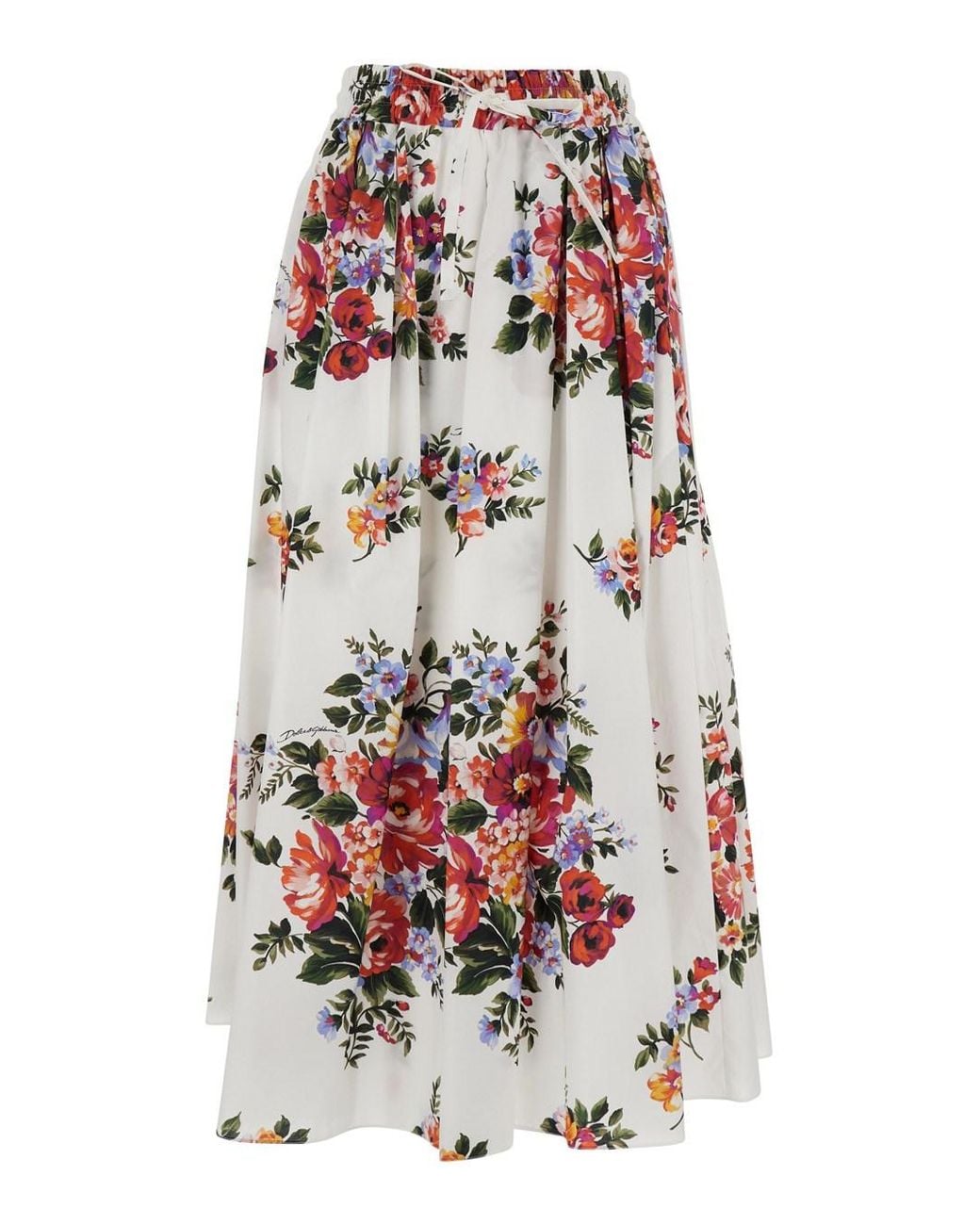 Dolce & Gabbana White Long Skirt With Floral Print And Elasticated Waistband