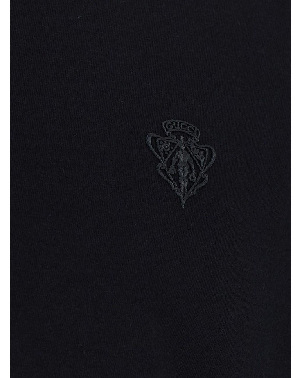 Gucci Black Crew Neck T-Shirt With Crest Embroidery Cotton T-Shirts for men