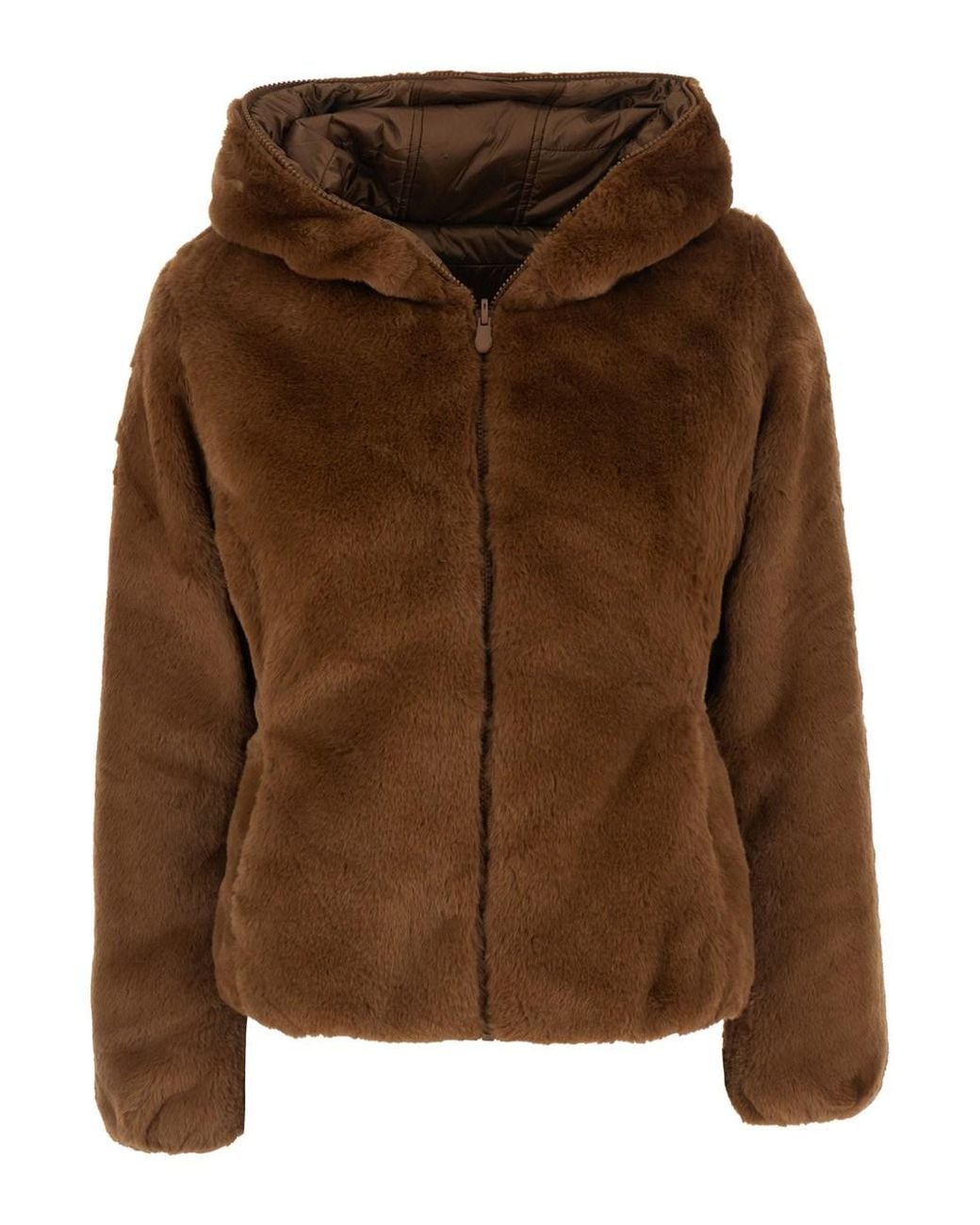 Save The Duck Brown Reversible Down Jacket Laila Fury With Hood And Pockets
