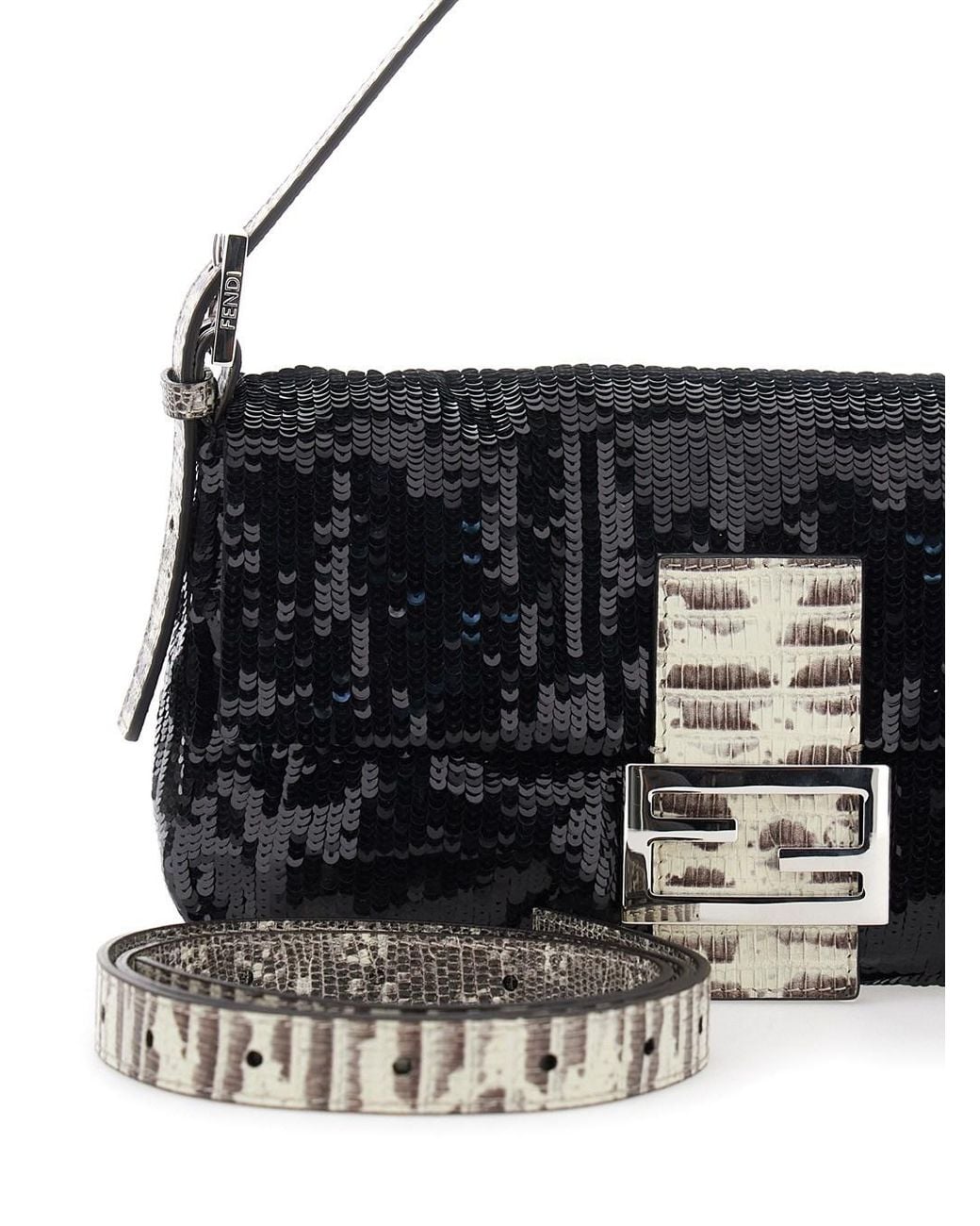 Fendi Black Shoulder Bag With All-Over Sequins And Ff Plate On The Fro