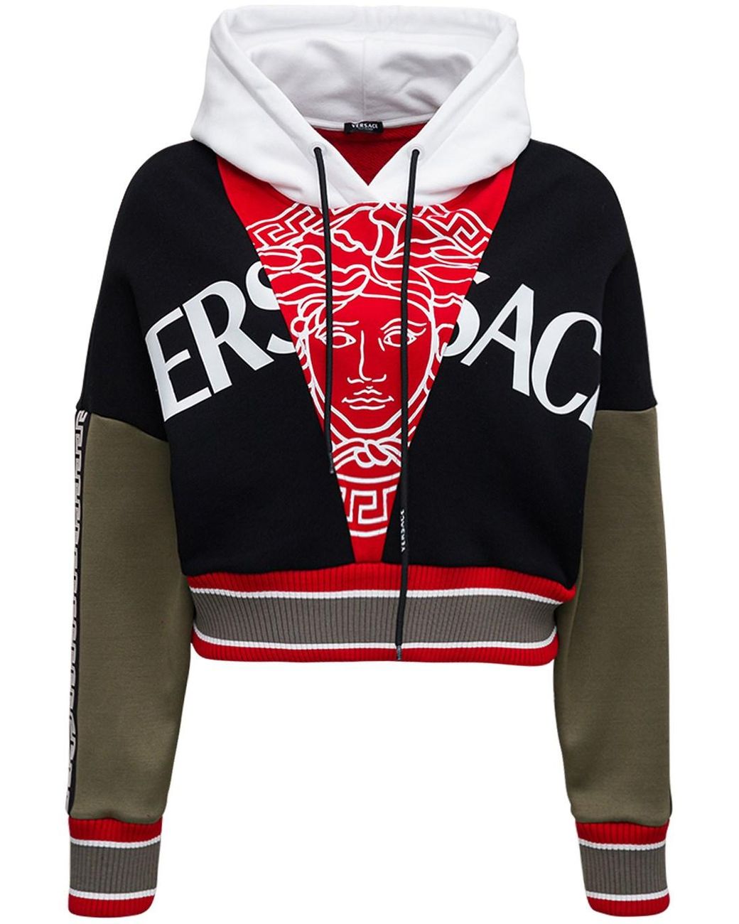 Versace Cropped Color Block Cotton Hoodie With Logo And Medusa Print in