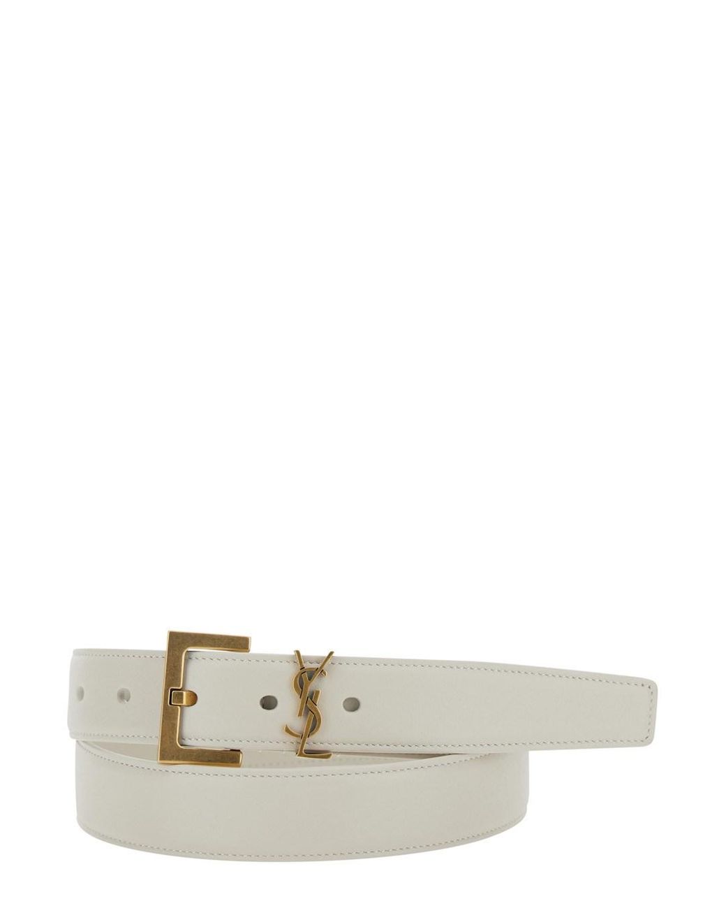 Saint Laurent White Belt With Logo Plate, Leather Calf