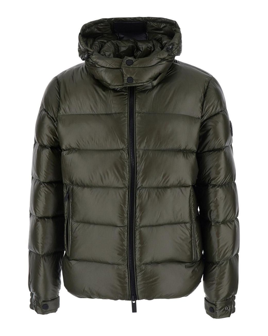Heskimo Green Down Jacket With Fixed Hood And Logo Patch On The Sleeve for men