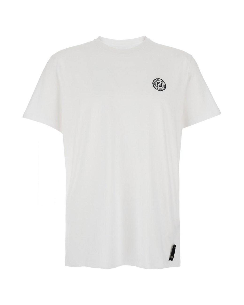 Fendi White Crewneck T-Shirt With Logo Print On The Front And Logo Patch On The Rear for men