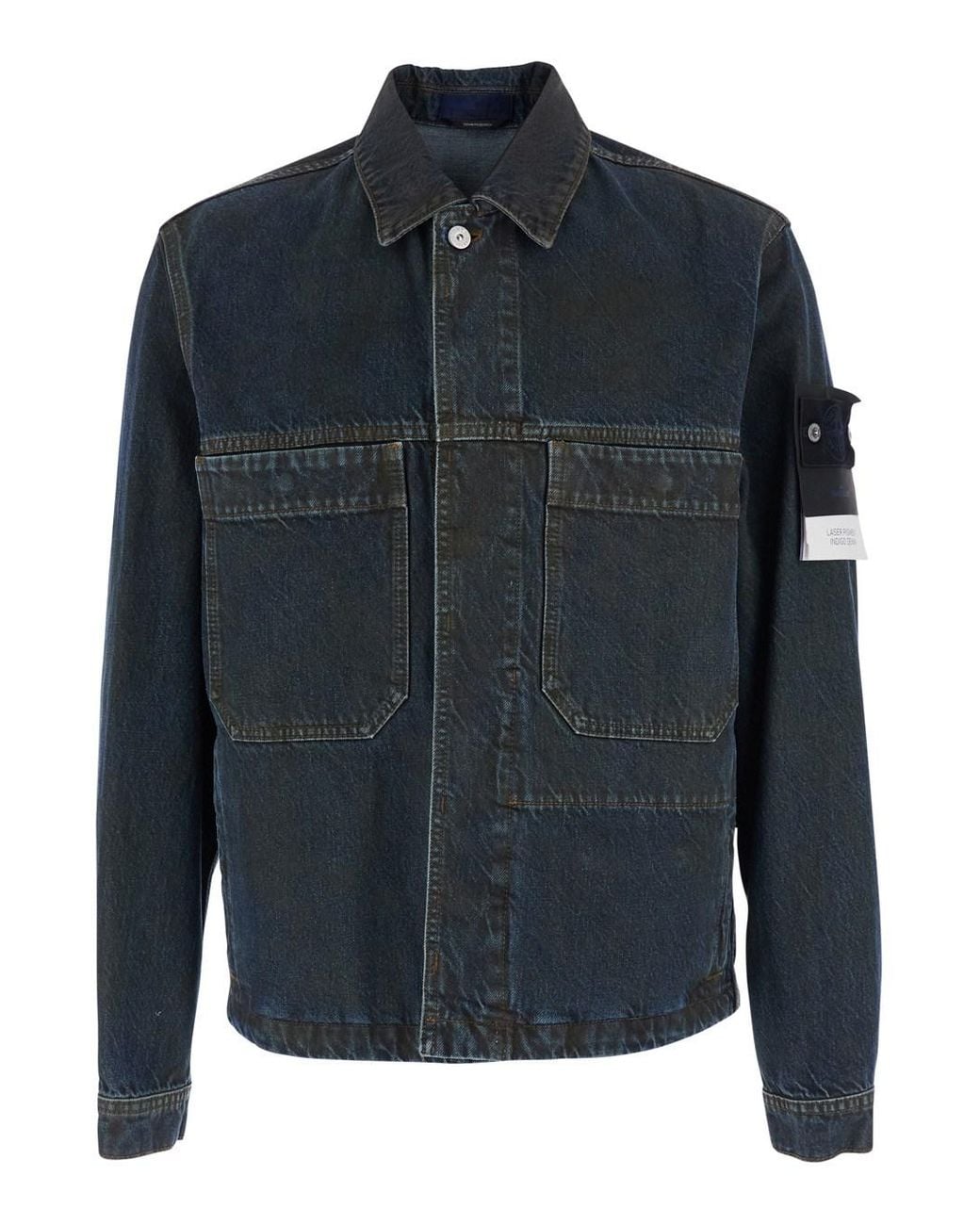 Stone Island Blue Denim Biker Jacket With Long Sleeves And Front Clos for men