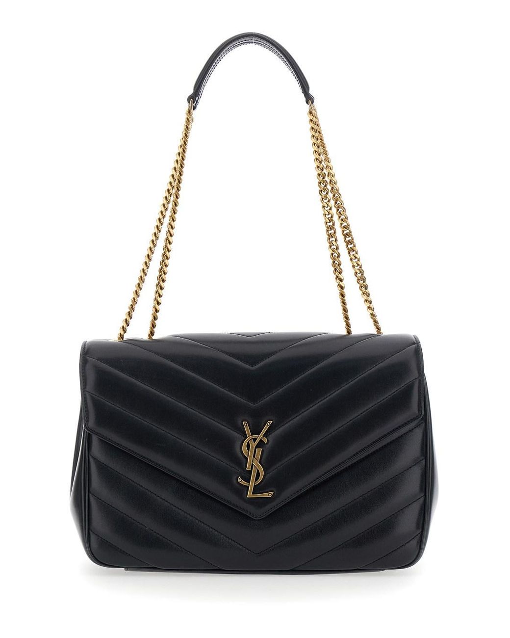 Saint Laurent Black Crossbody Bag 'Loulou' Large With Sliding Chain Strap And Cassandre Plaque On Front