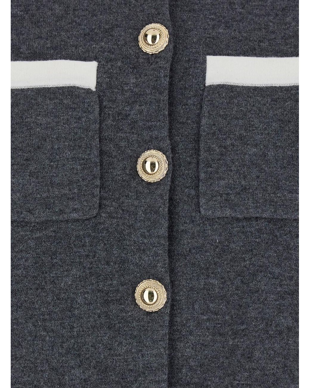 Self-Portrait Blue Cropped Cardigan With Contrasting Classic Collar And Two Front Patch Pockets
