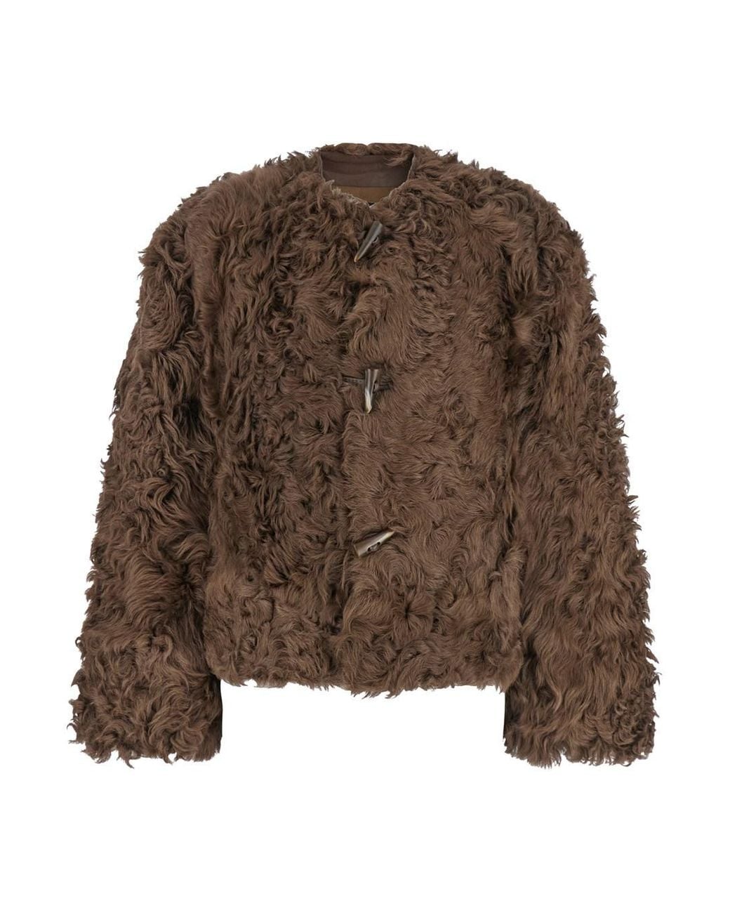 Le Plain Brown Collarless Fur Jacket With Front Toggle Closure