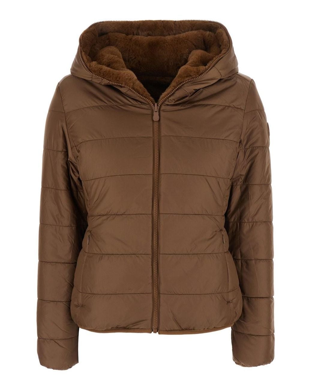 Save The Duck Brown Reversible Down Jacket Laila Fury With Hood And Pockets