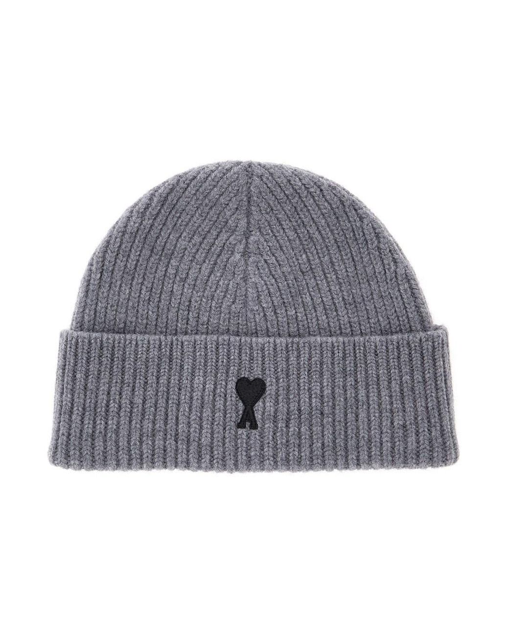AMI Gray Ribbed Wool Beanie Hat for men