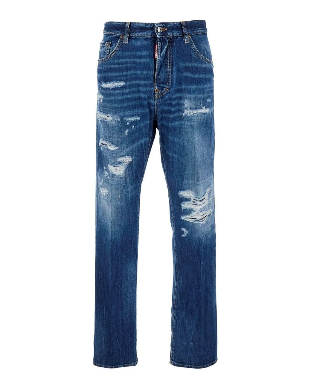 DSquared² Blue '642' Jeans With All-Over Ripped Details And Logo Patch On The Rear for men
