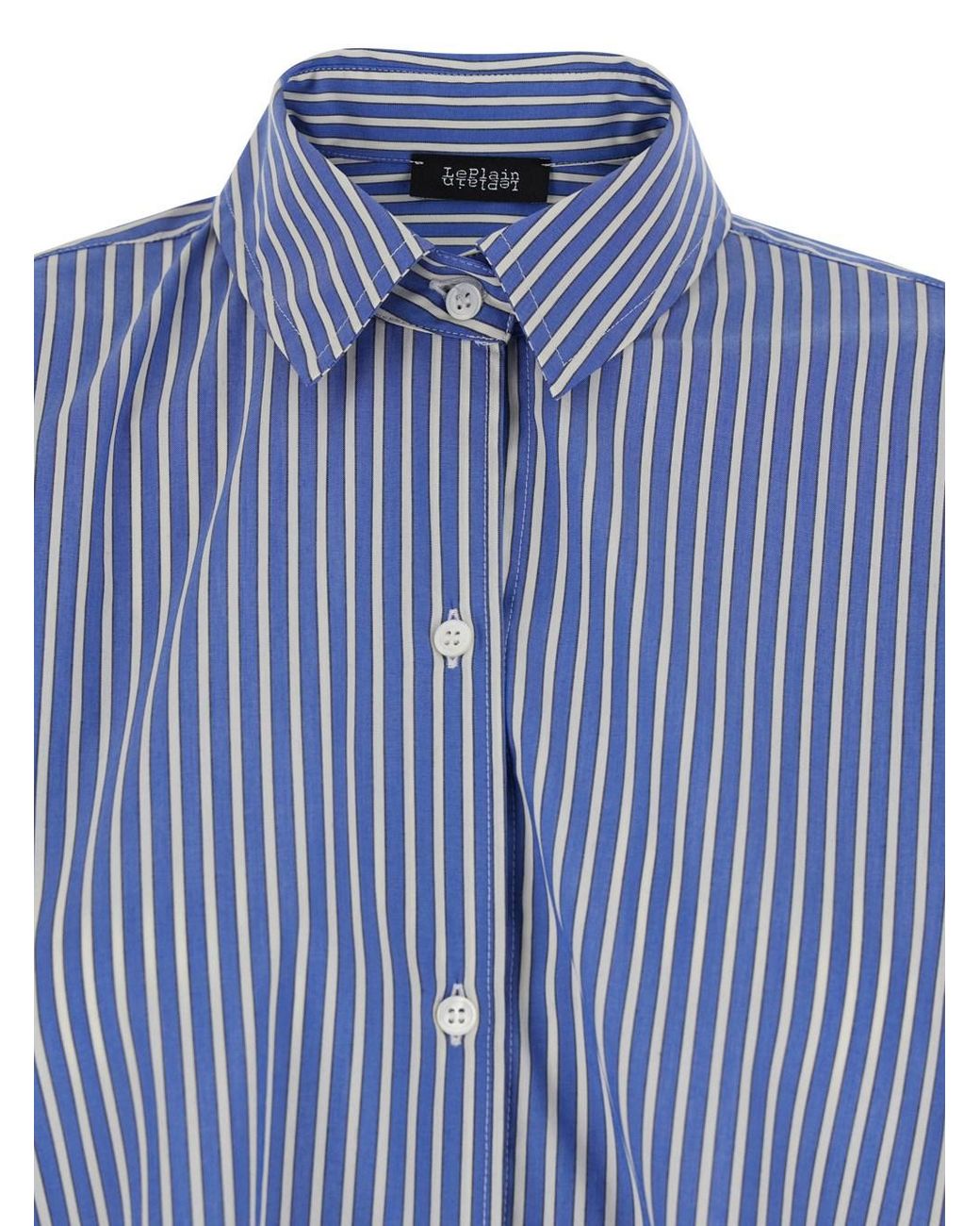 Le Plain Blue Shirt With Classic Collar And All-Over Striped Pattern