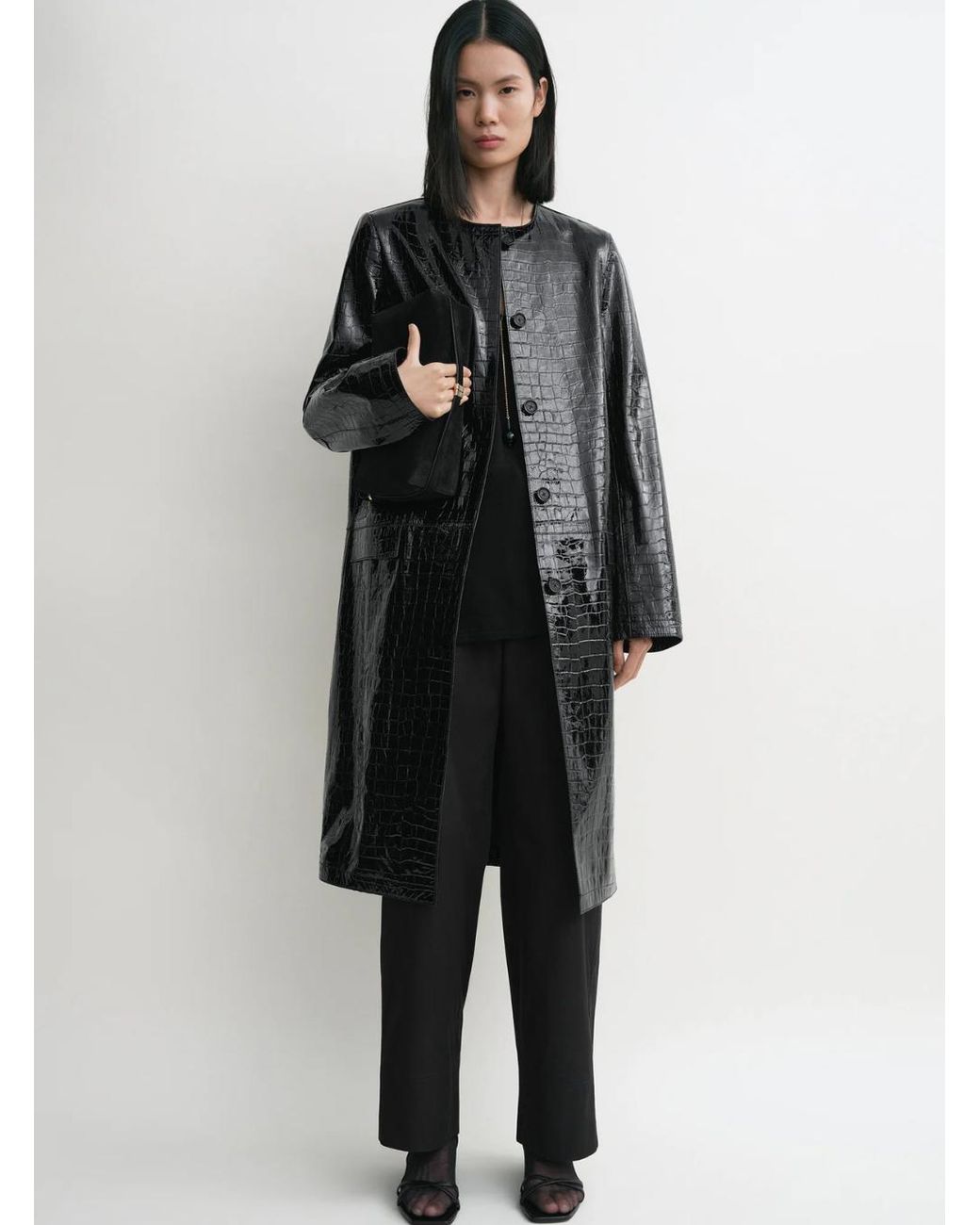 Totême Black Leather Coat With Crocodile Effect