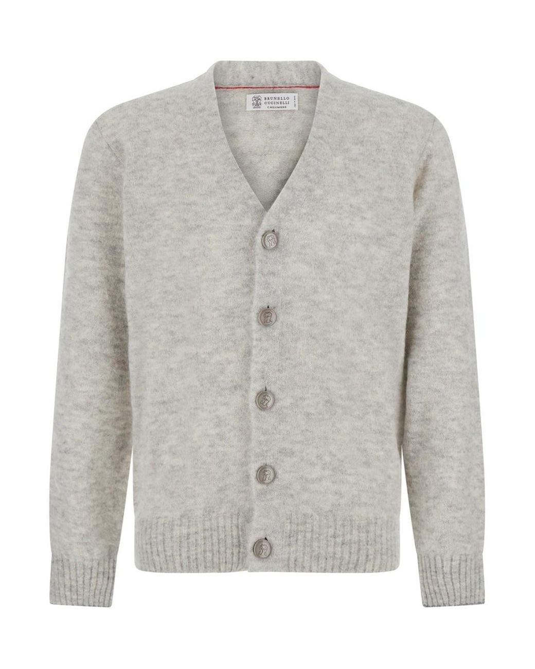 Brunello Cucinelli Gray V-Neck Cardigan With Logo-Engraved Buttons In for men