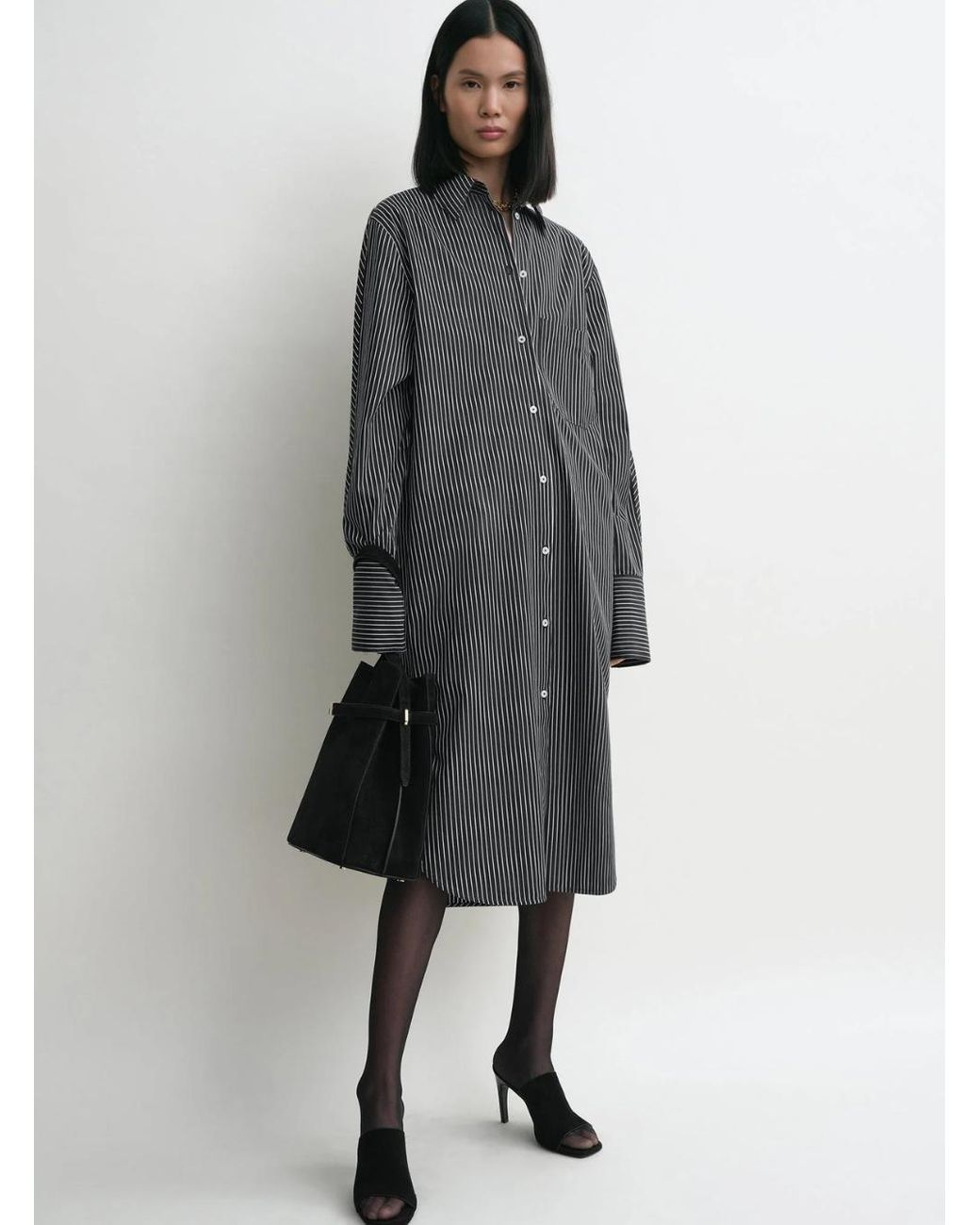 Totême  Gray And Dress With Classic Collar And All-Over Striped