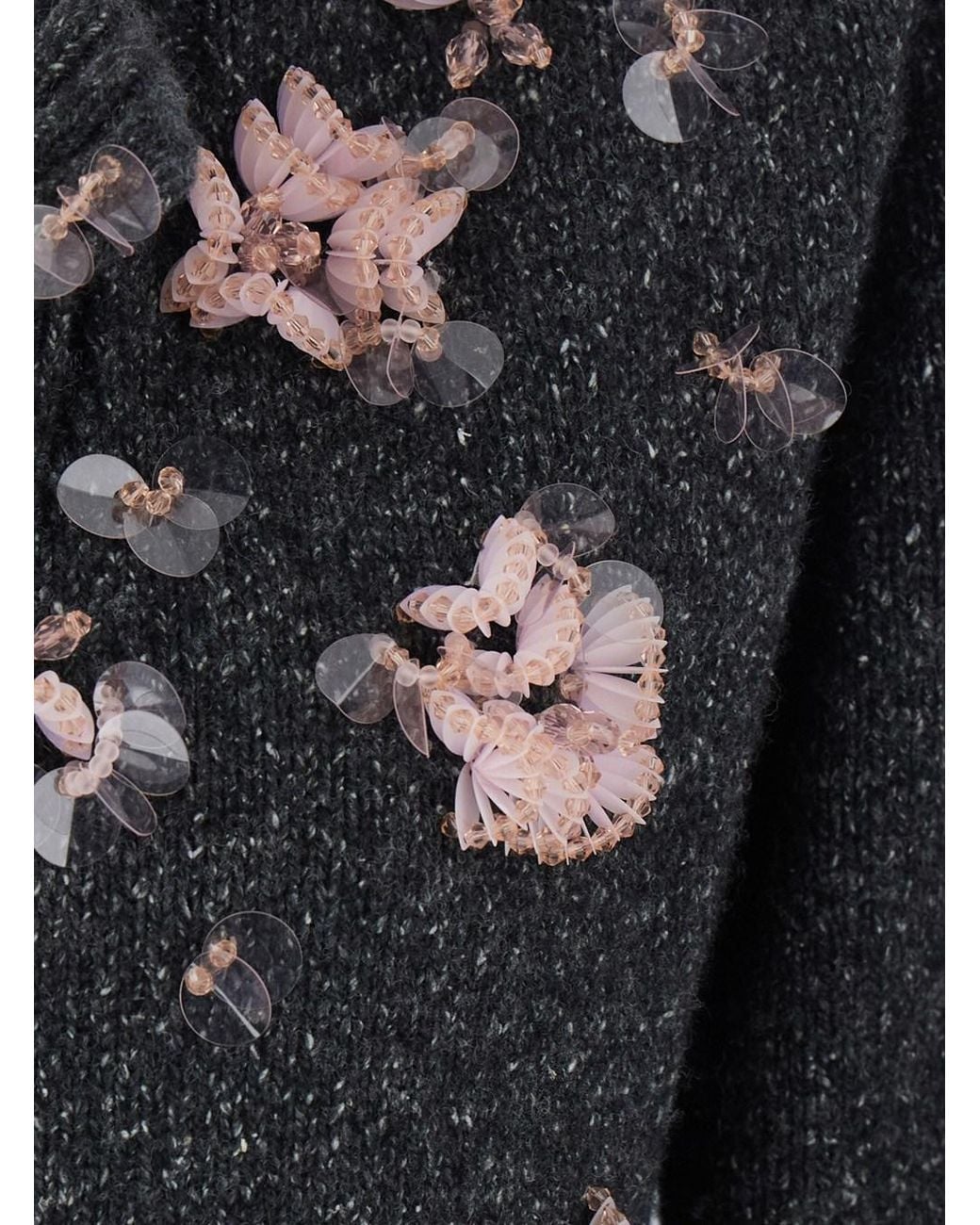 Markgong Black Cardigan With Notched Revers And Floral Bead Appliqués I